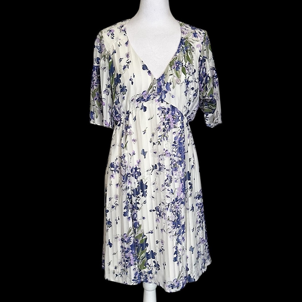 NWT Gabby Skye Women’s Dress Size 10 Floral Ivory Lilac Lined V-Neck Chiffon